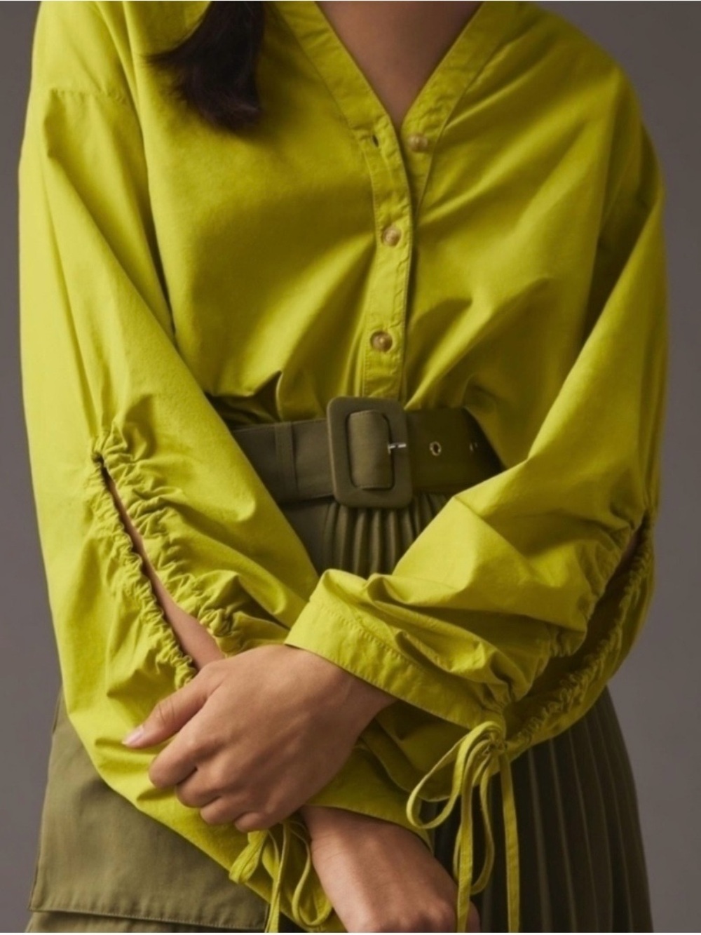 Pilcro Anthropology Lightweight V-Neck Drawstring Sleeve Top in Chartreuse